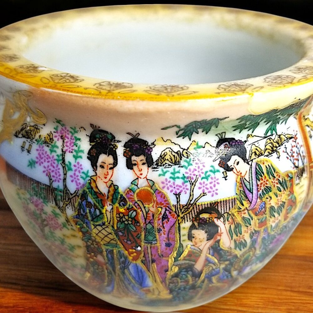 Vintage Gold Satsuma Chinoiserie Fish Bowl Geisha Women Lotus Collectible TM-5 - Picture 4 of 11
